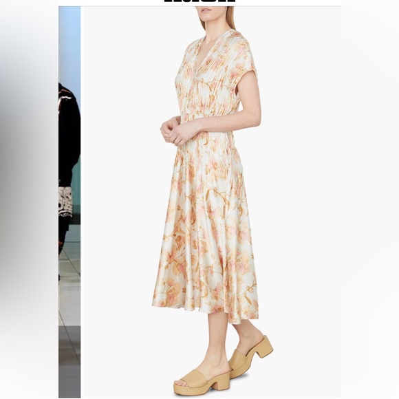 VINCE FLORAL CRUSHED SATIN DRESS Color soil Midi Dress in Cream and Pink size XL - Picture 2 of 10